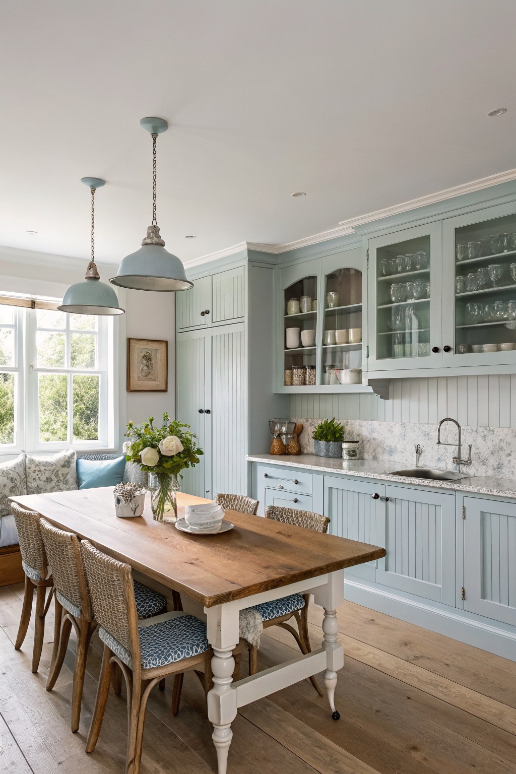 Light blue-green cabinets in a farmhouse kitchen with a wooden table and chairs.