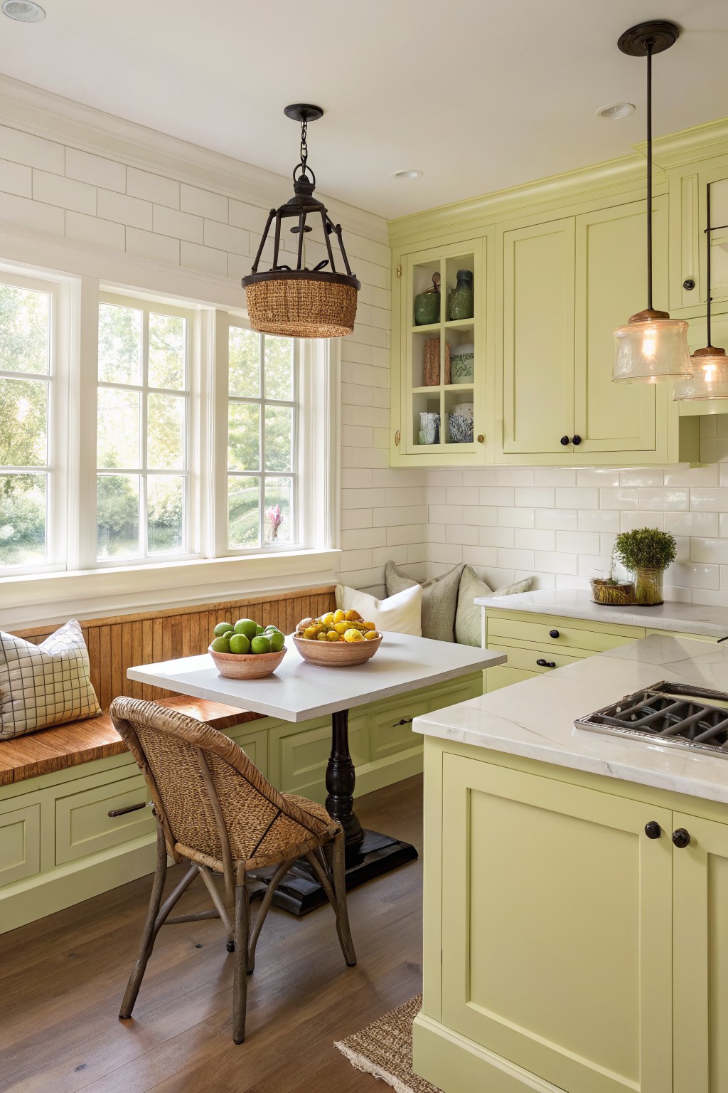 Light green cabinets in a bright farmhouse kitchen with white walls and windows.
