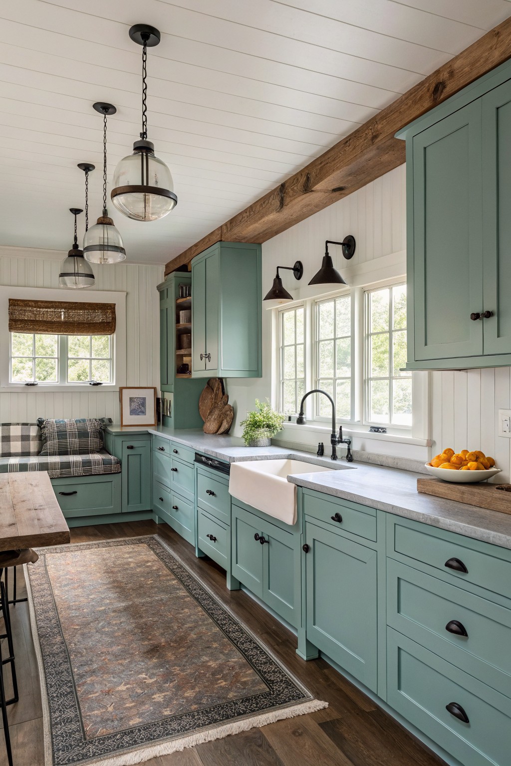 Sage green cabinets in a farmhouse kitchen with white walls and wood accents.