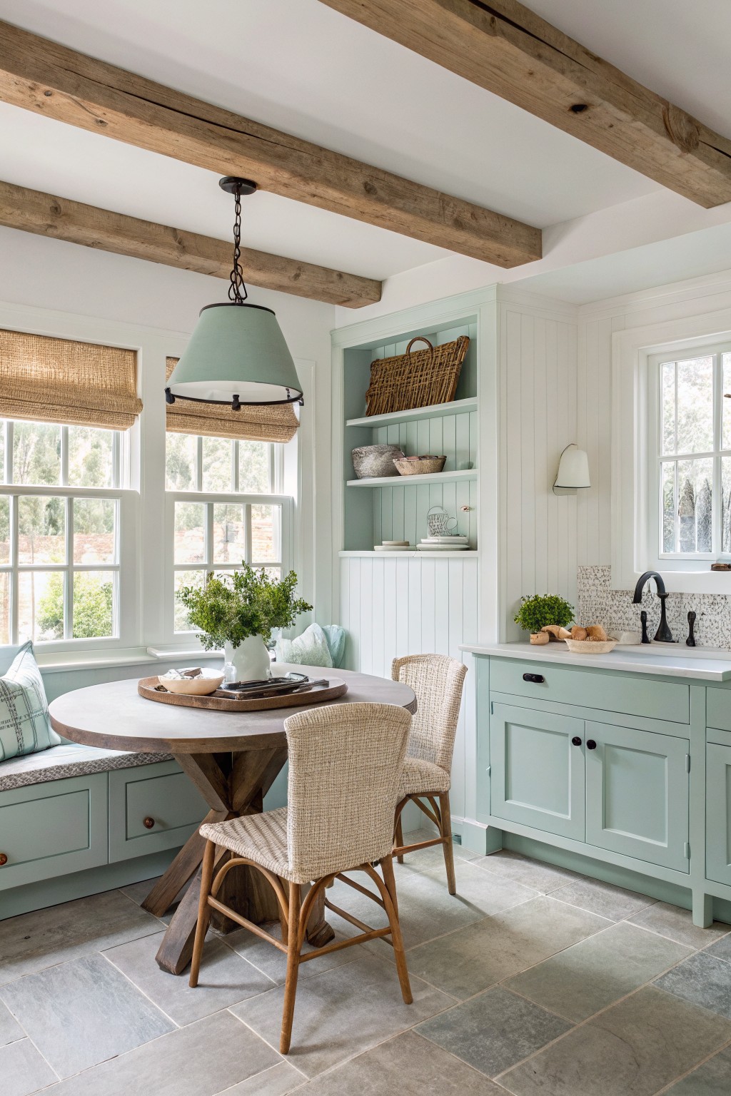 Soft sage green cabinets and open shelving in a bright farmhouse kitchen.