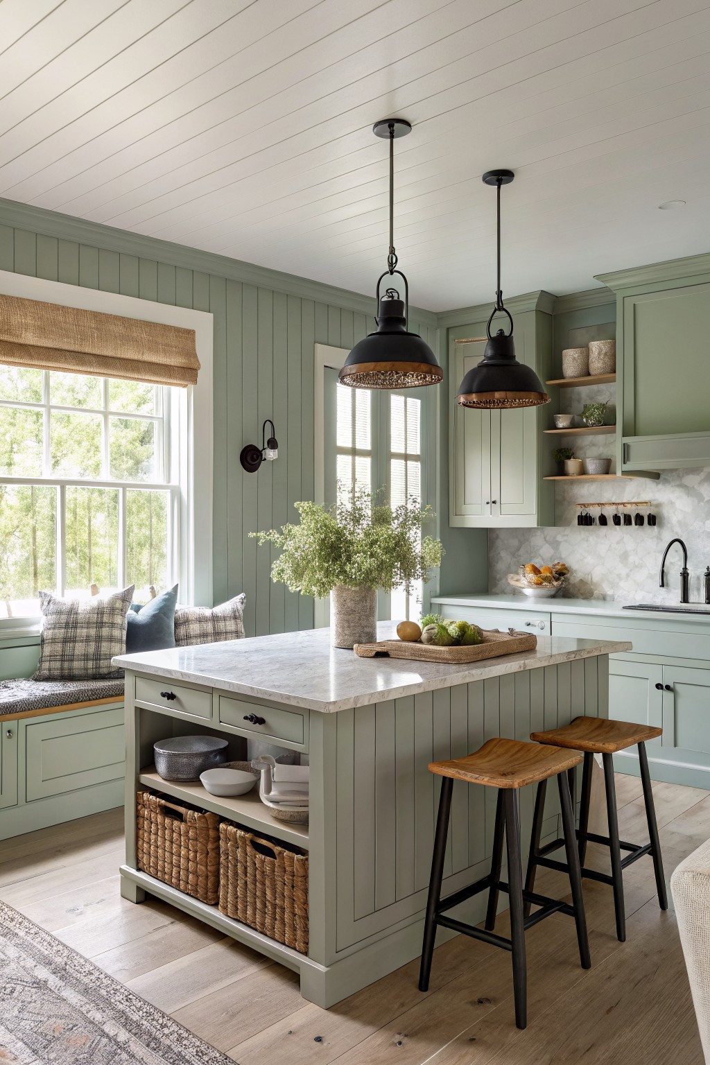 A kitchen with soft sage green cabinets and an island.