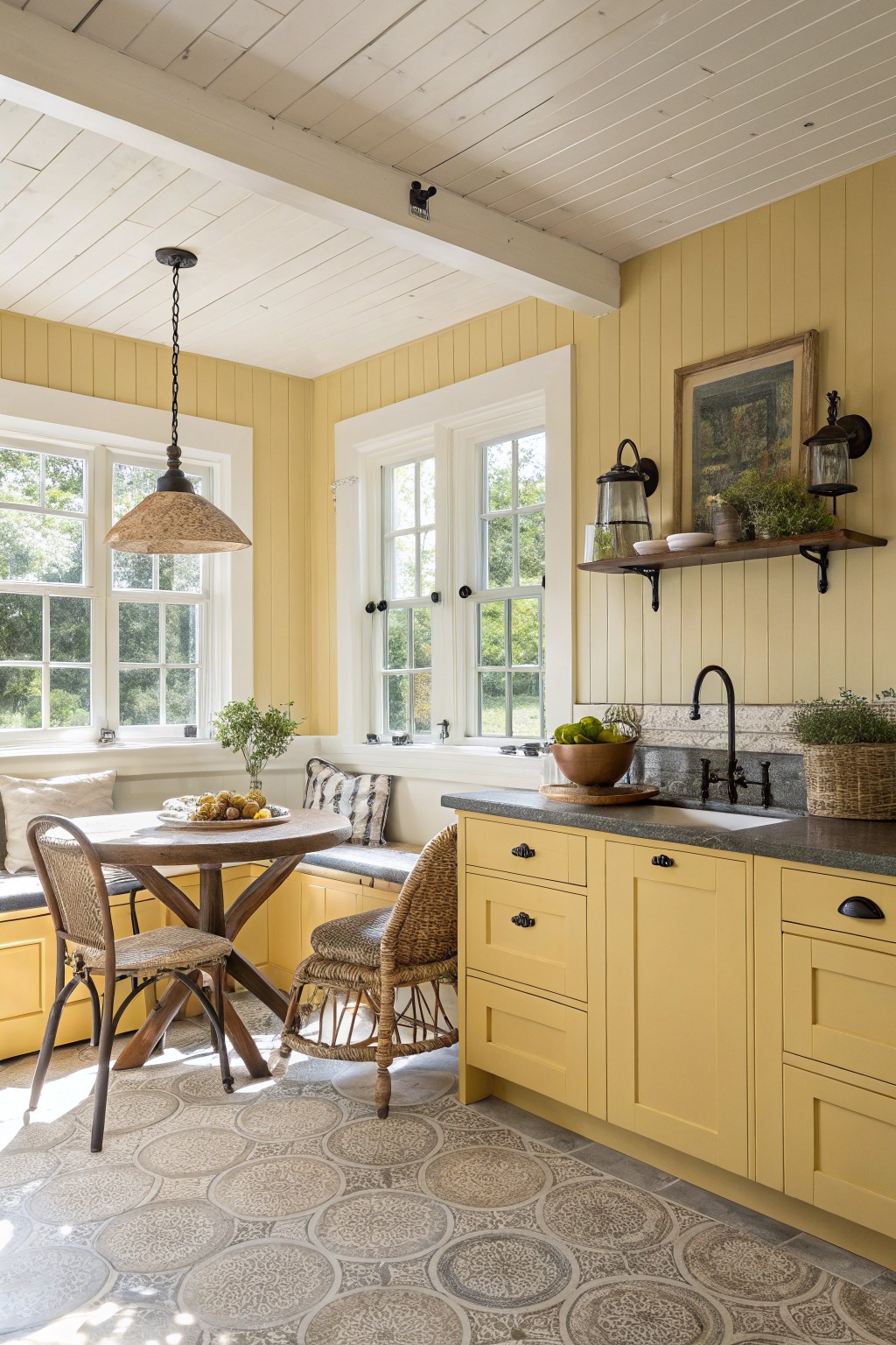 Yellow painted walls and cabinets in a farmhouse kitchen with a breakfast nook.