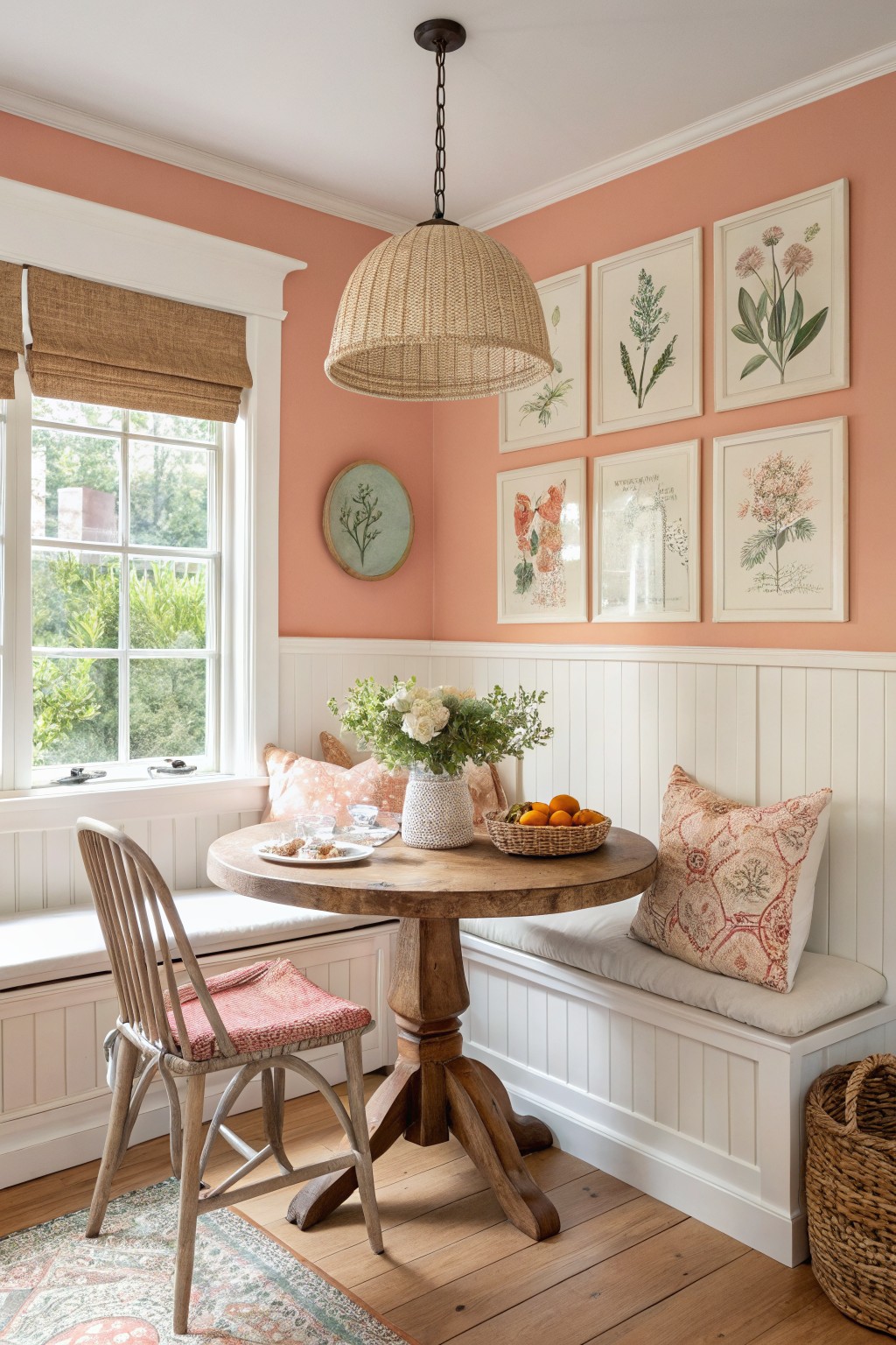 Warm peach paint covers the upper walls of a farmhouse breakfast nook above white wainscoting.