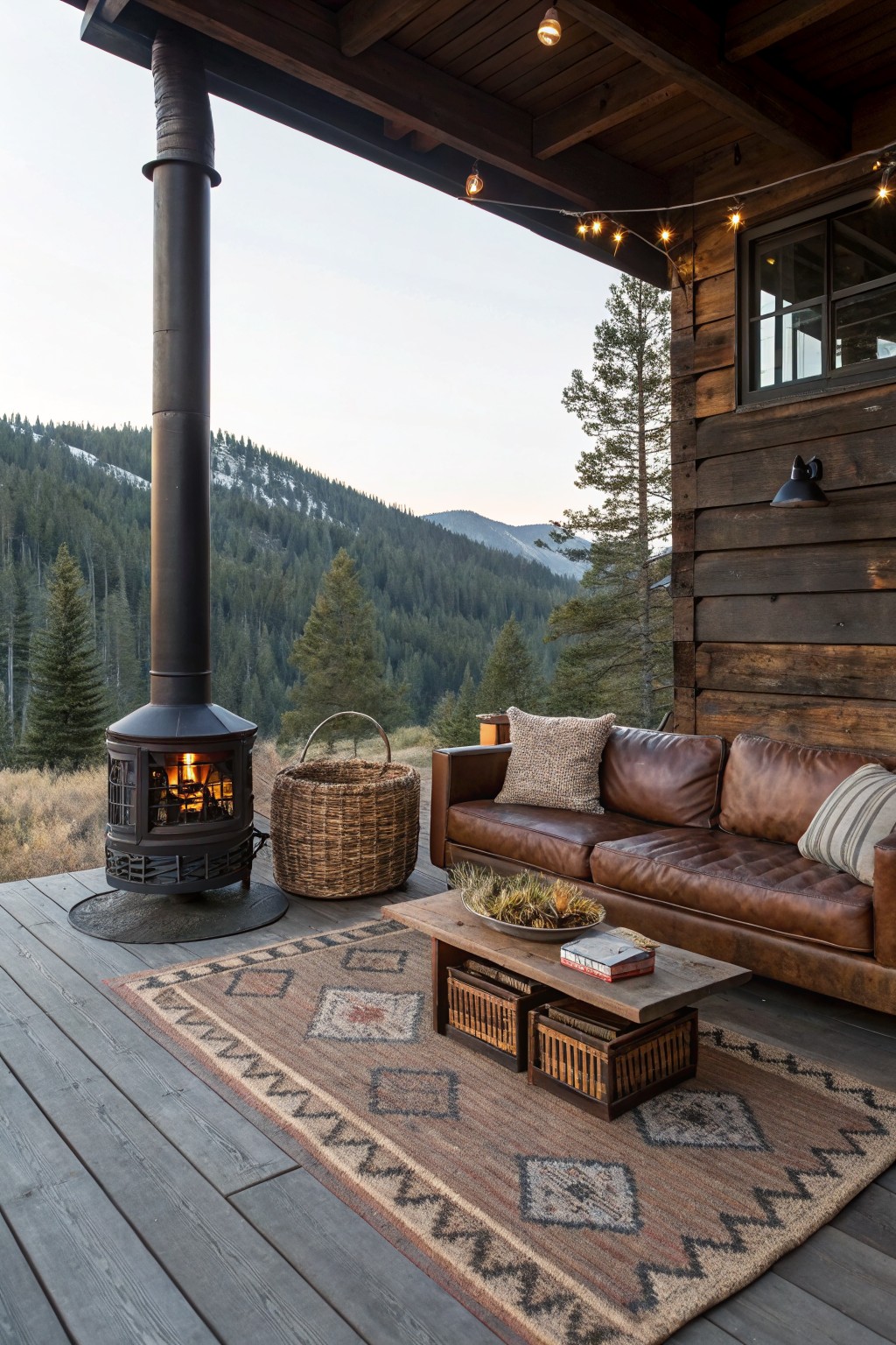 Rustic cabin porch with leather sofa, burning wood stove, rug, and mountain view