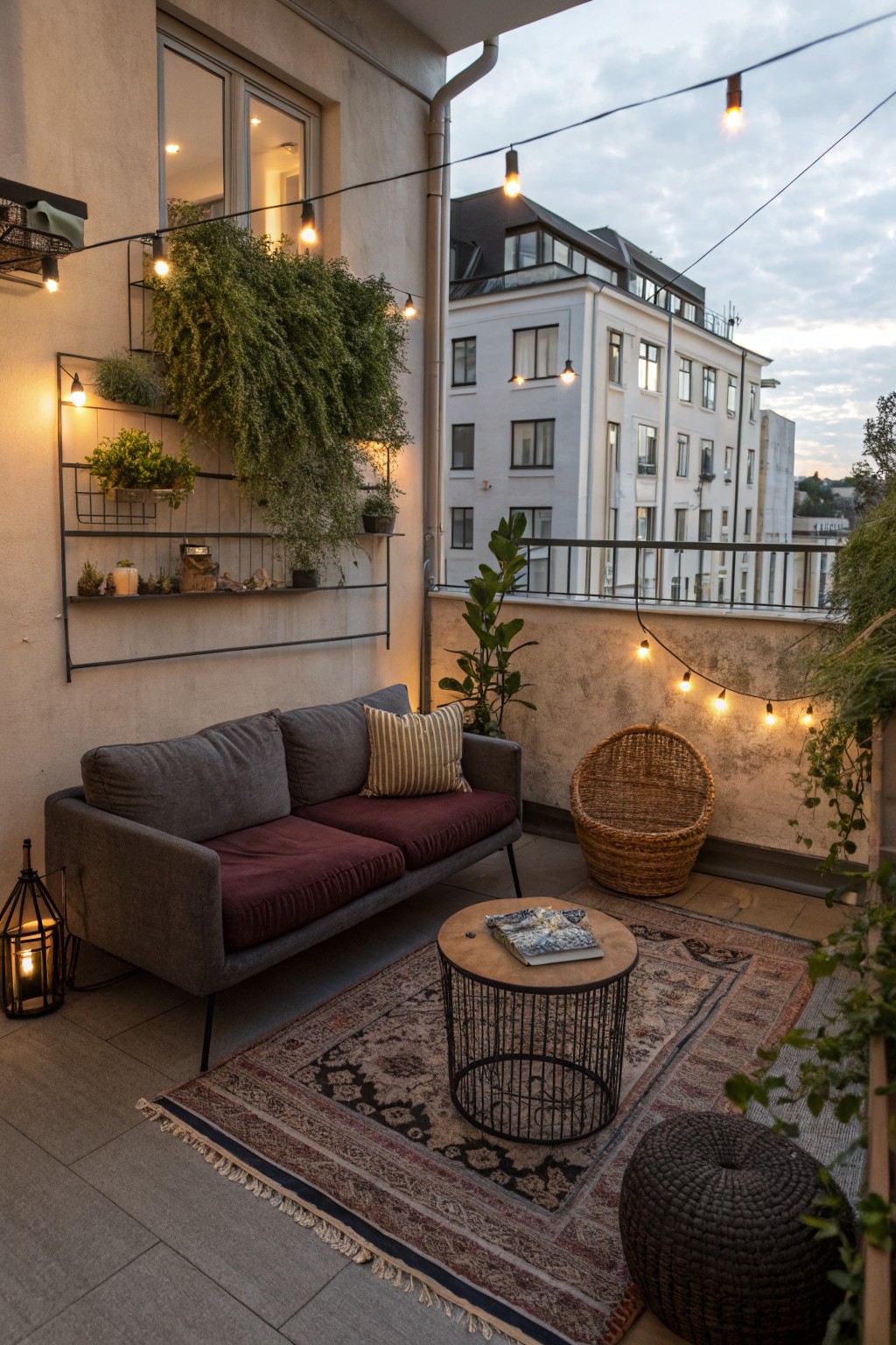 A furnished balcony with a gray sofa and patterned rug, round coffee table, string lights overhead, wall-mounted plant shelves, and a woven chair in the corner.
