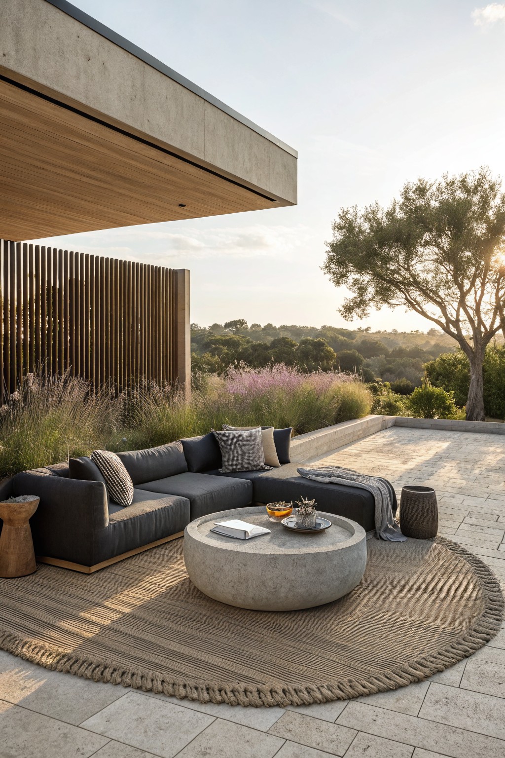 Modern patio with dark sectional sofa, round concrete table, and woven rug overlooking hills