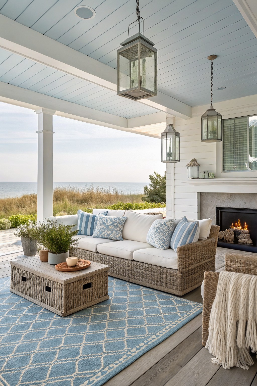 A covered porch features a wicker sofa with white cushions and blue pillows arranged on a large blue patterned rug, next to a stone fireplace.