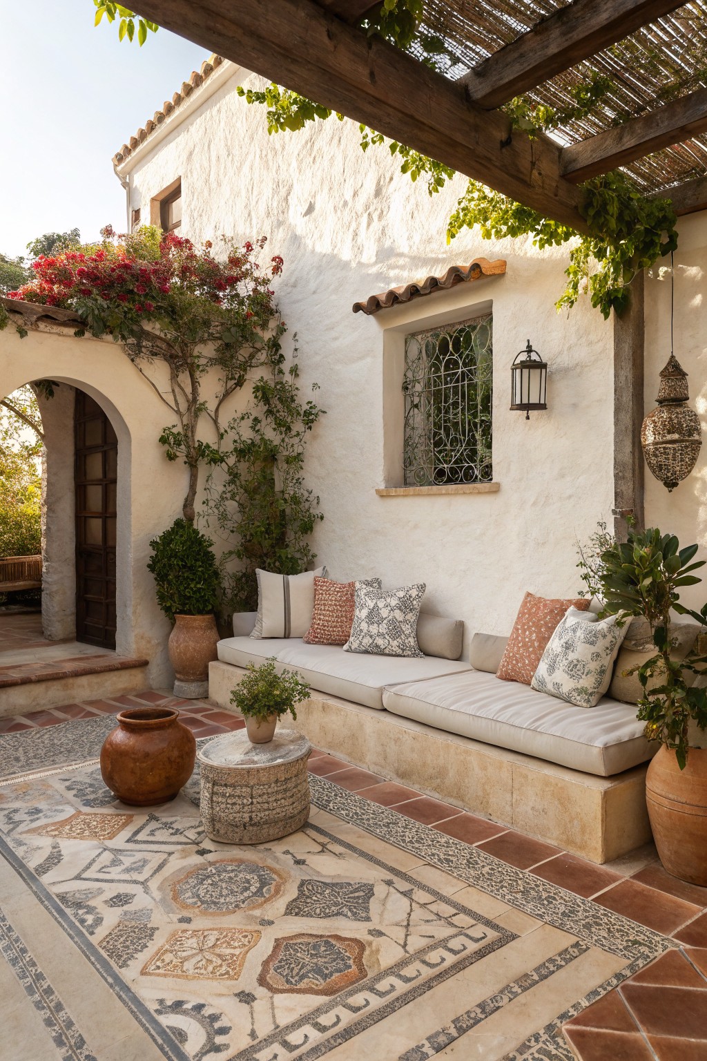 Sunlit Mediterranean courtyard with cushioned bench, mosaic rug, terracotta pots, and climbing vines.