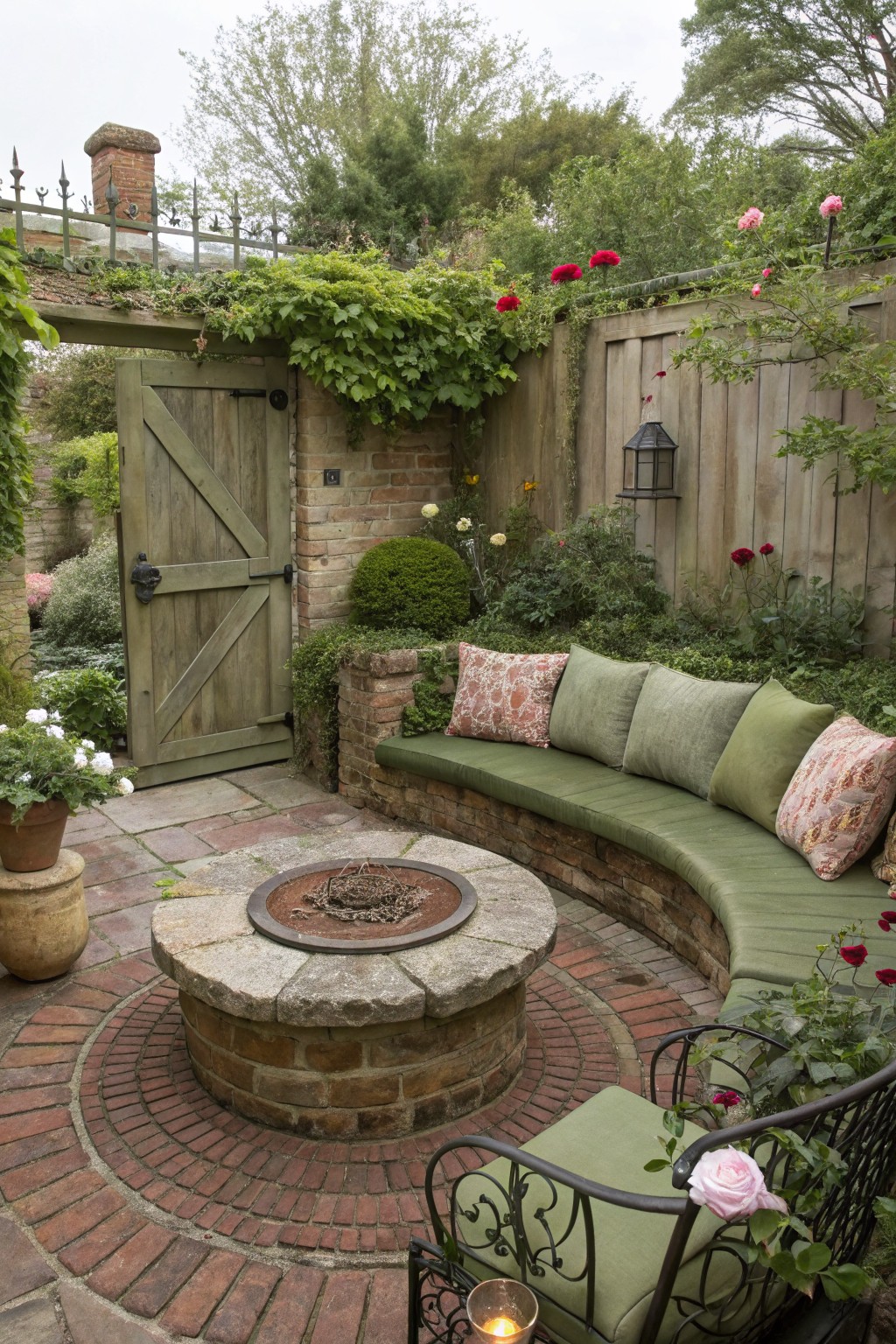 A circular brick fire pit sits at the center of a stone patio, surrounded by a curved built-in bench with green cushions and patterned pillows, next to a wooden gate and garden plants.