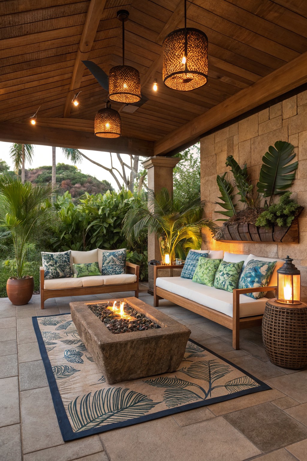 A covered patio with two wooden sofas facing each other across a square stone fire pit on a large leaf-patterned rug, surrounded by hanging lanterns and tropical plants.