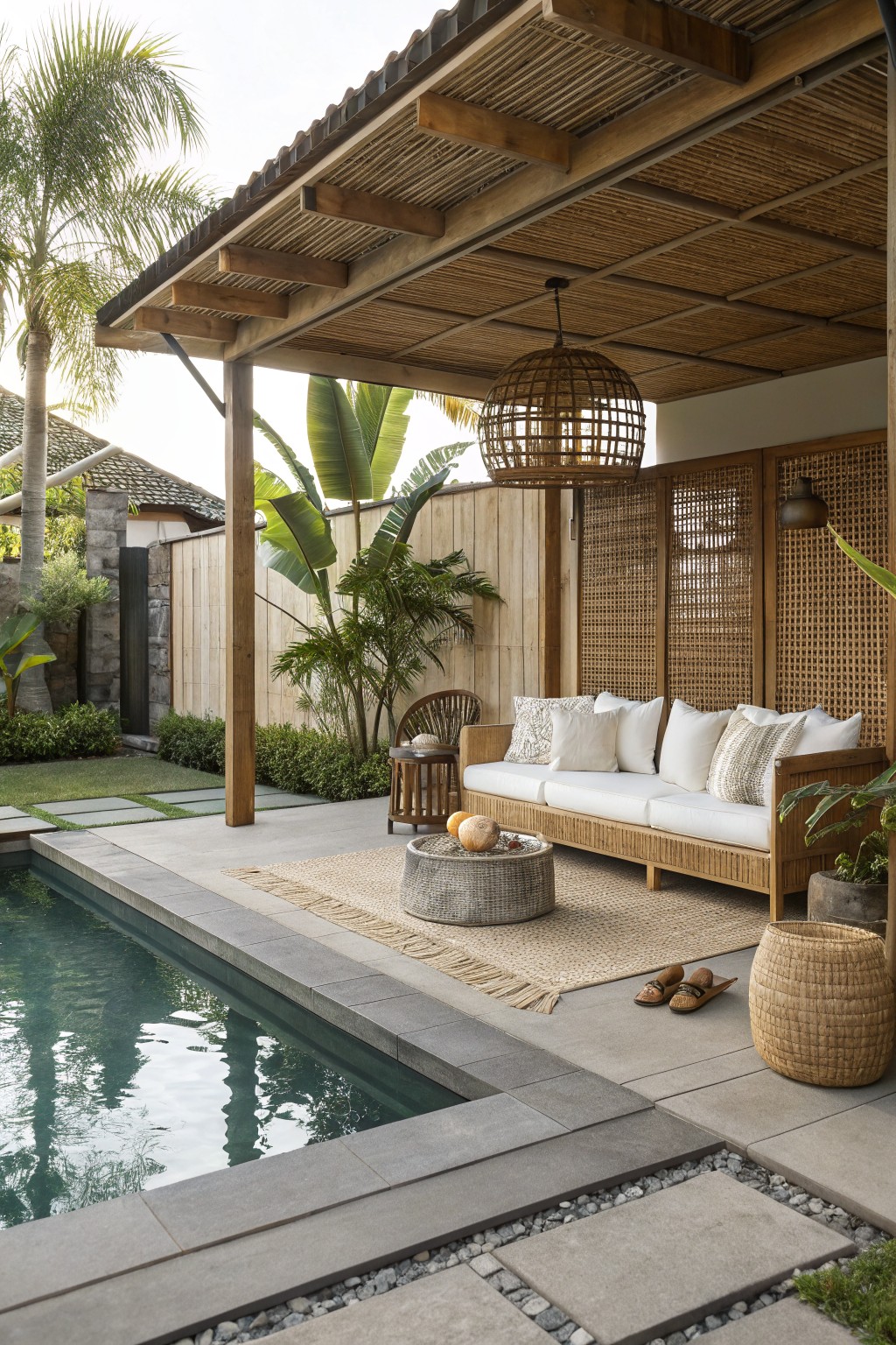 A wooden outdoor sofa with white cushions sits on a woven rug beneath a thatched roof next to a swimming pool.