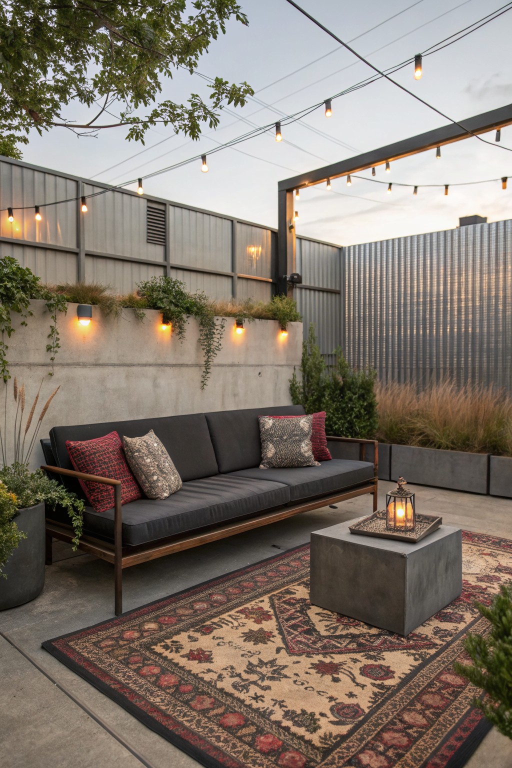 An outdoor patio features a dark gray sofa with patterned pillows on a large area rug, a concrete side table holding a lantern, string lights overhead, and concrete walls with plantings.