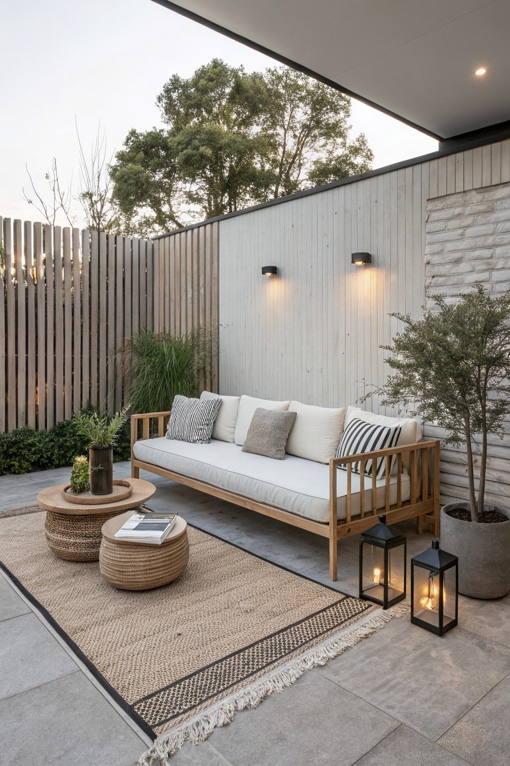 A wooden outdoor sofa with cushions rests on a large woven rug on a paved patio, with two lanterns and potted trees nearby.