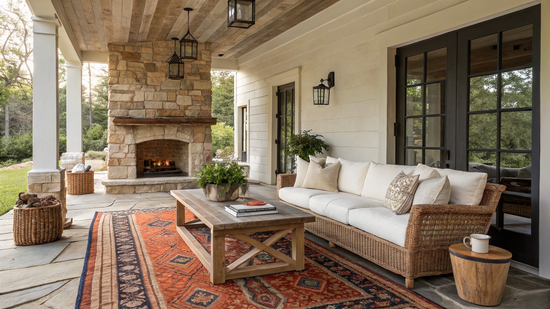 A covered stone patio with a large red patterned rug, two white sofas, a wooden coffee table, and a stone fireplace with a lit fire.