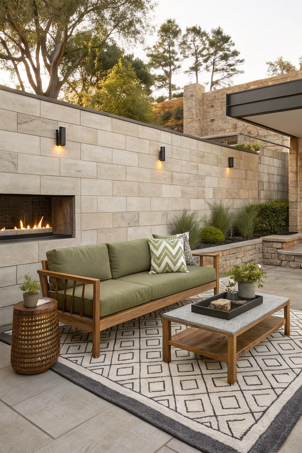An outdoor patio with a wooden sofa with green cushions on a geometric rug, a coffee table, a built-in fireplace in a stone wall, and surrounding plants.
