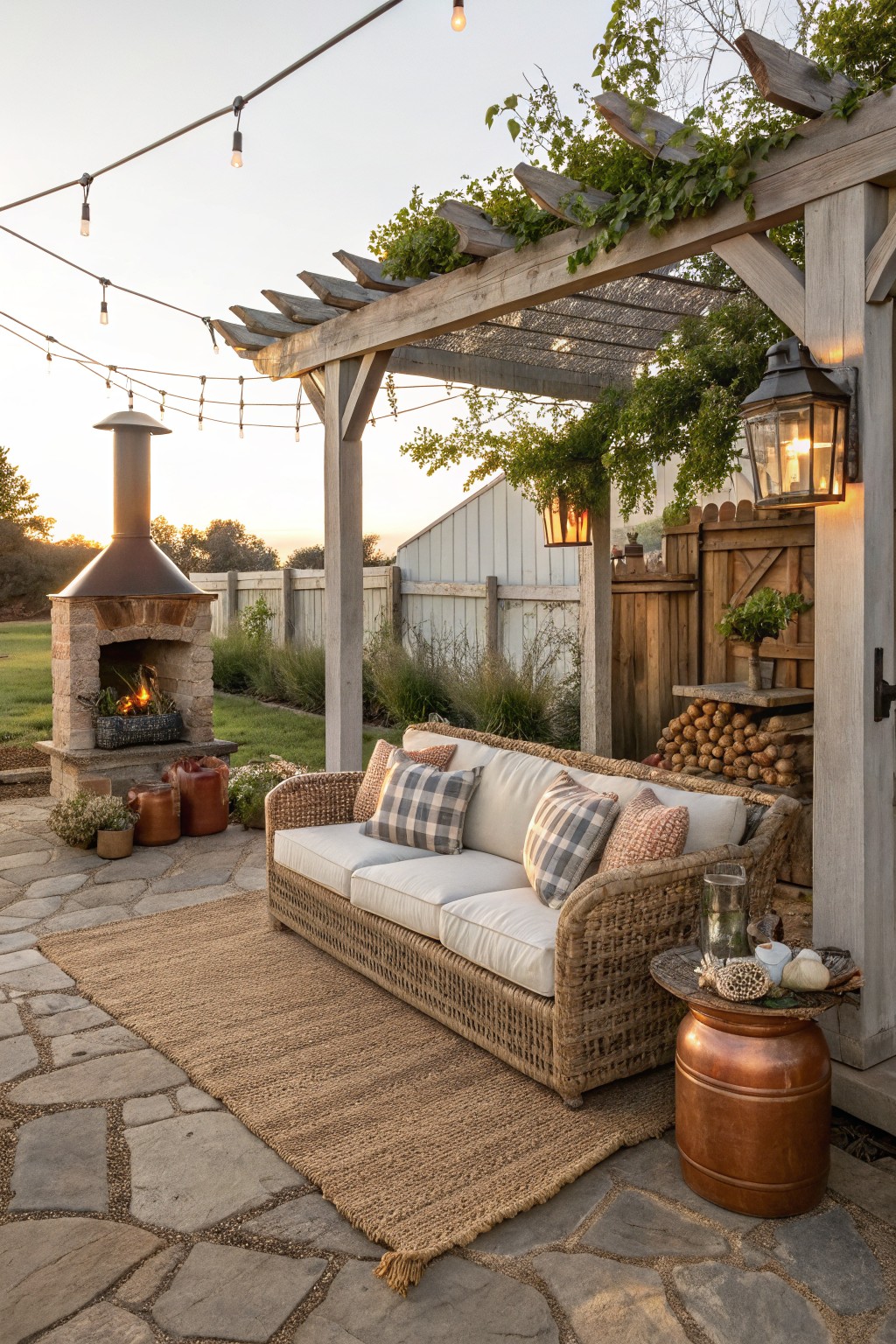 A wicker sofa with cushions and pillows rests on a large woven rug on a stone patio beneath a wooden pergola, with a stone outdoor fireplace visible to the left.