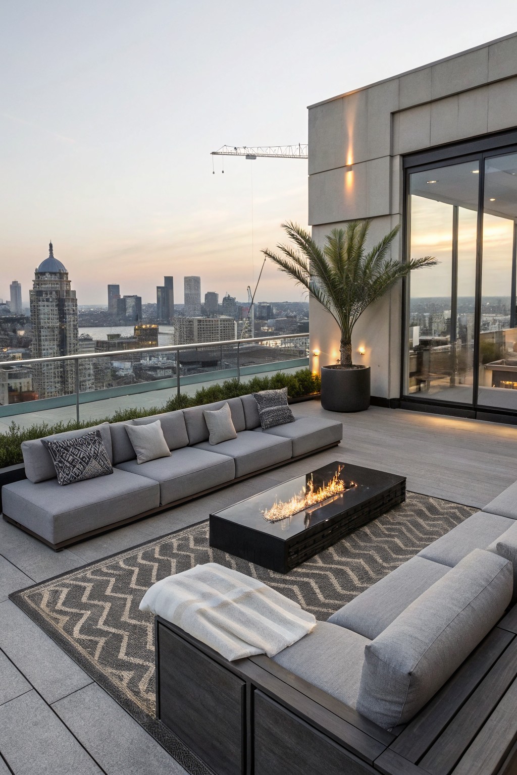 A modern rooftop terrace with a long gray sectional sofa arranged around a rectangular fire pit on a patterned rug, with a potted palm tree and city skyline in the background.