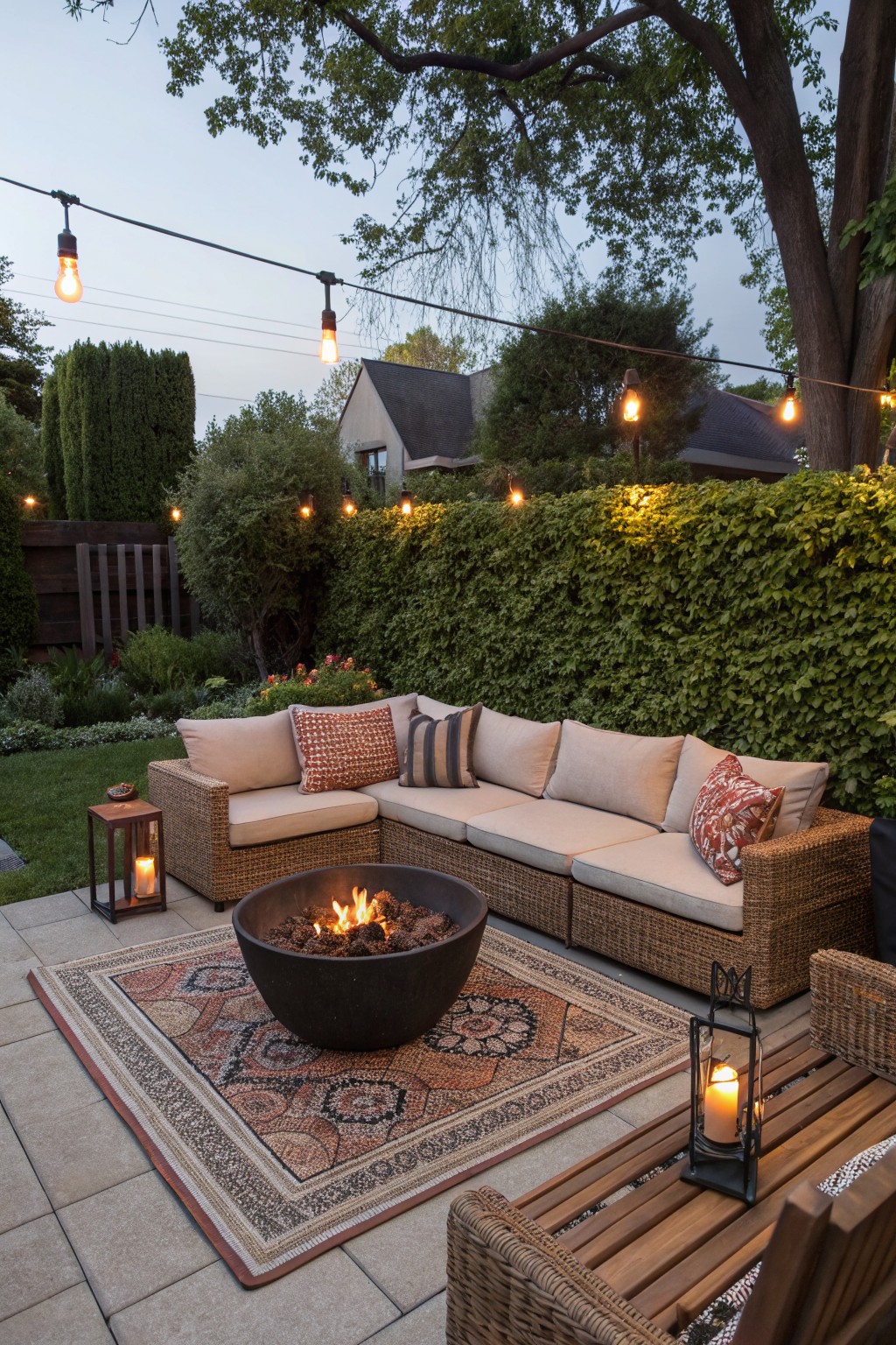 A wicker sectional sofa sits on a patio around a dark fire pit bowl placed on a large patterned rug, with string lights overhead and lanterns on the deck.