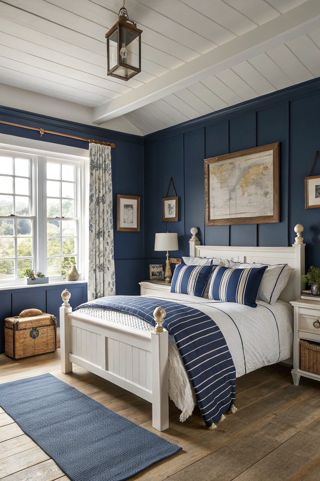 Coastal bedroom with white bed, blue striped linens, and navy walls.