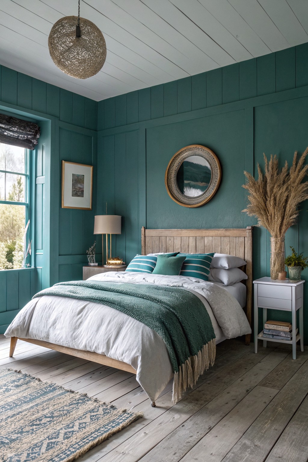 Teal bedroom with wooden bed, white linens, round mirror, and woven pendant light.