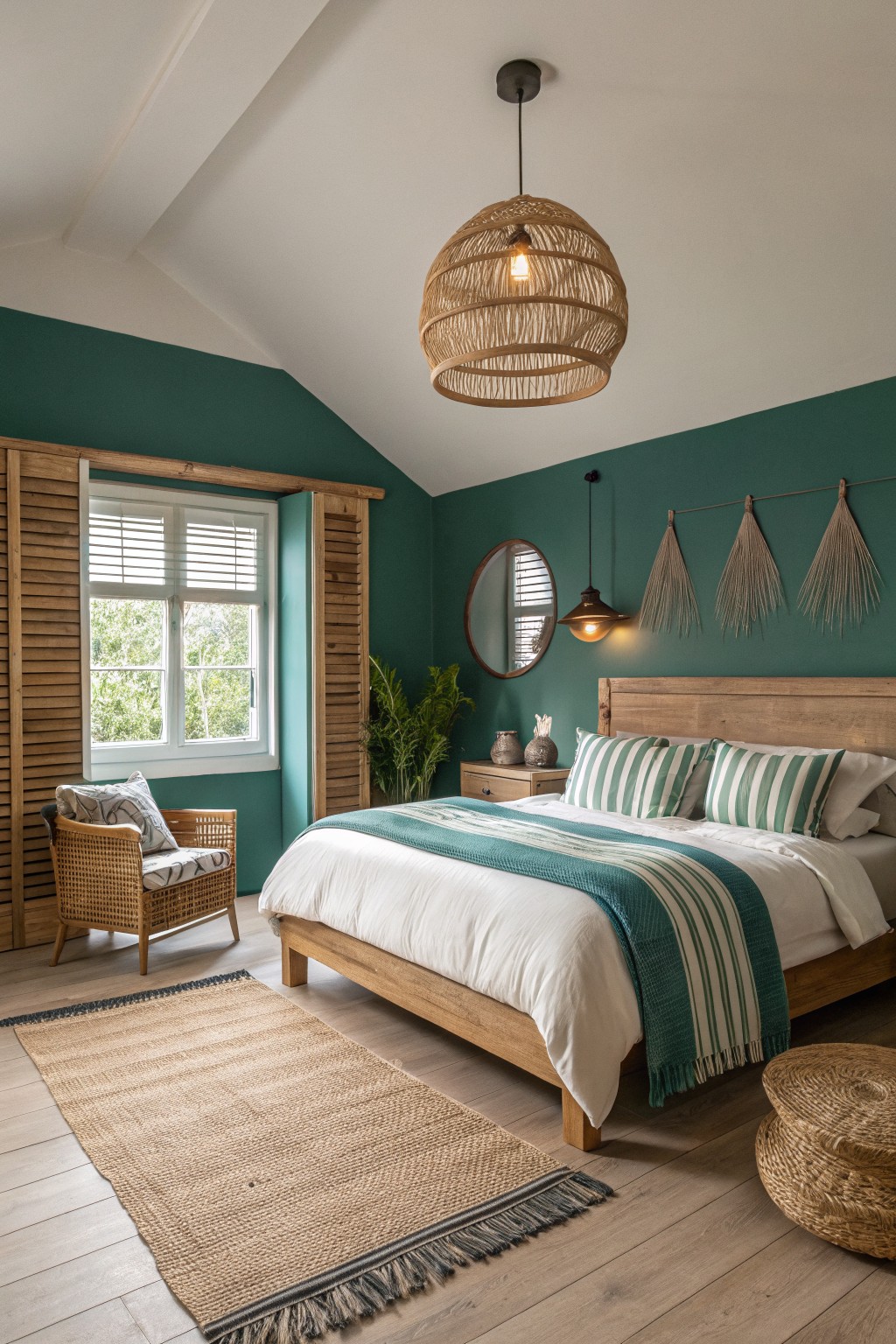 Bedroom with deep teal walls and wood furnishings.