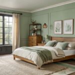 A bedroom with soft sage green walls and wooden furniture.
