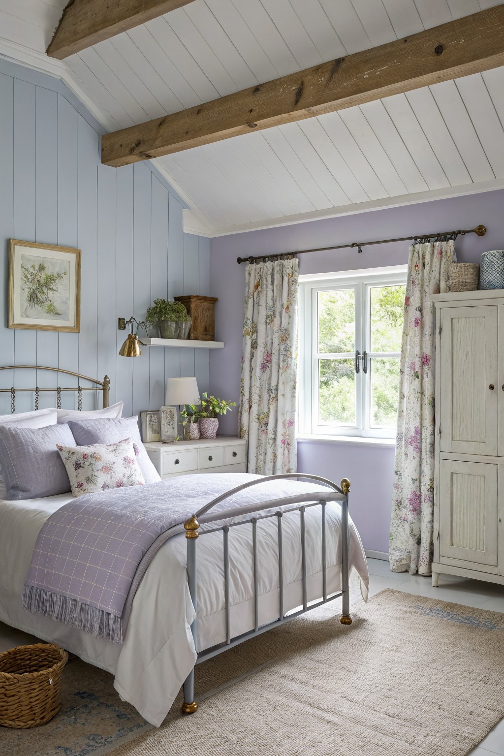 A bedroom with soft blue walls and white bedding.