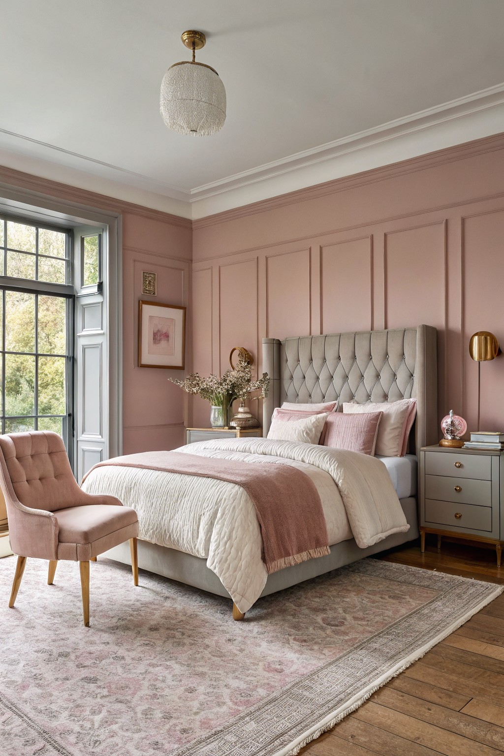 A bedroom with soft dusty rose walls and a large upholstered bed.