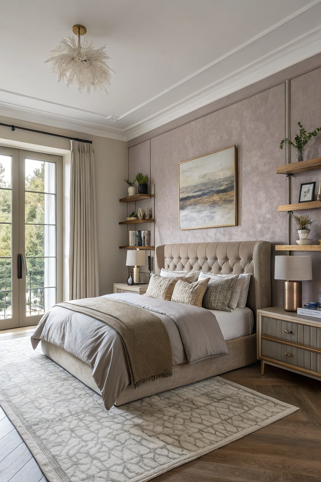 A bedroom with soft greige walls and built-in shelving.