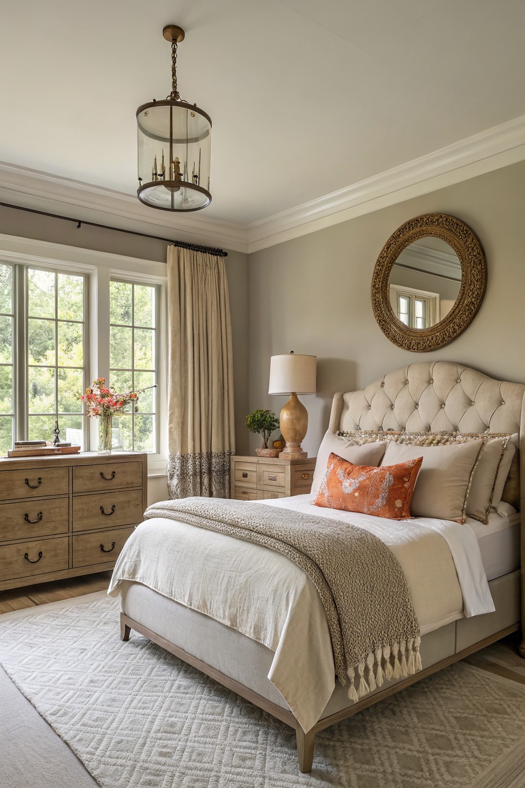 A bedroom with soft greige walls and a large upholstered bed.