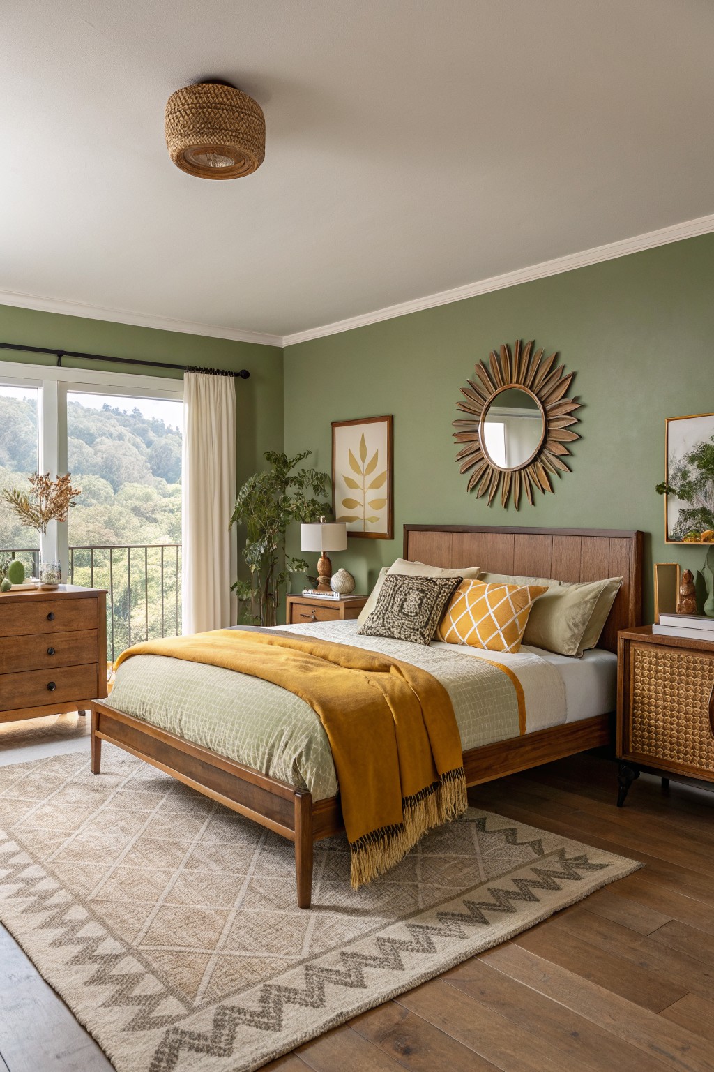 Cozy bedroom with green walls, wooden bed, yellow bedding, and sunburst mirror.