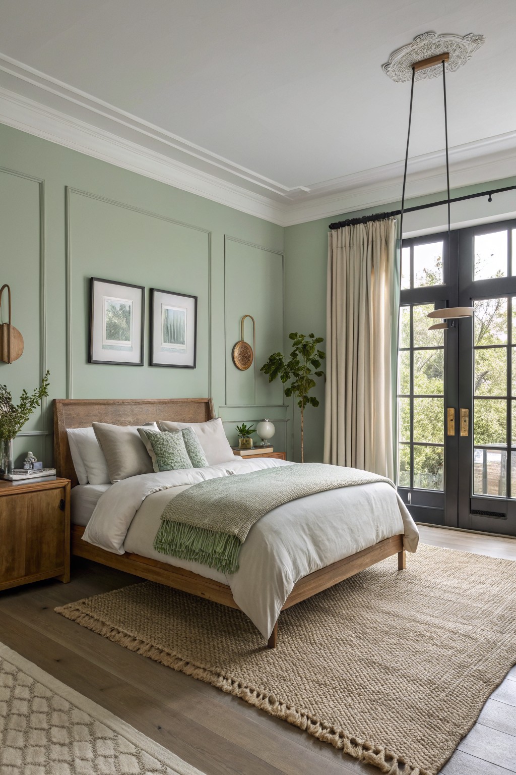 A bedroom with soft sage green walls and wooden furniture.