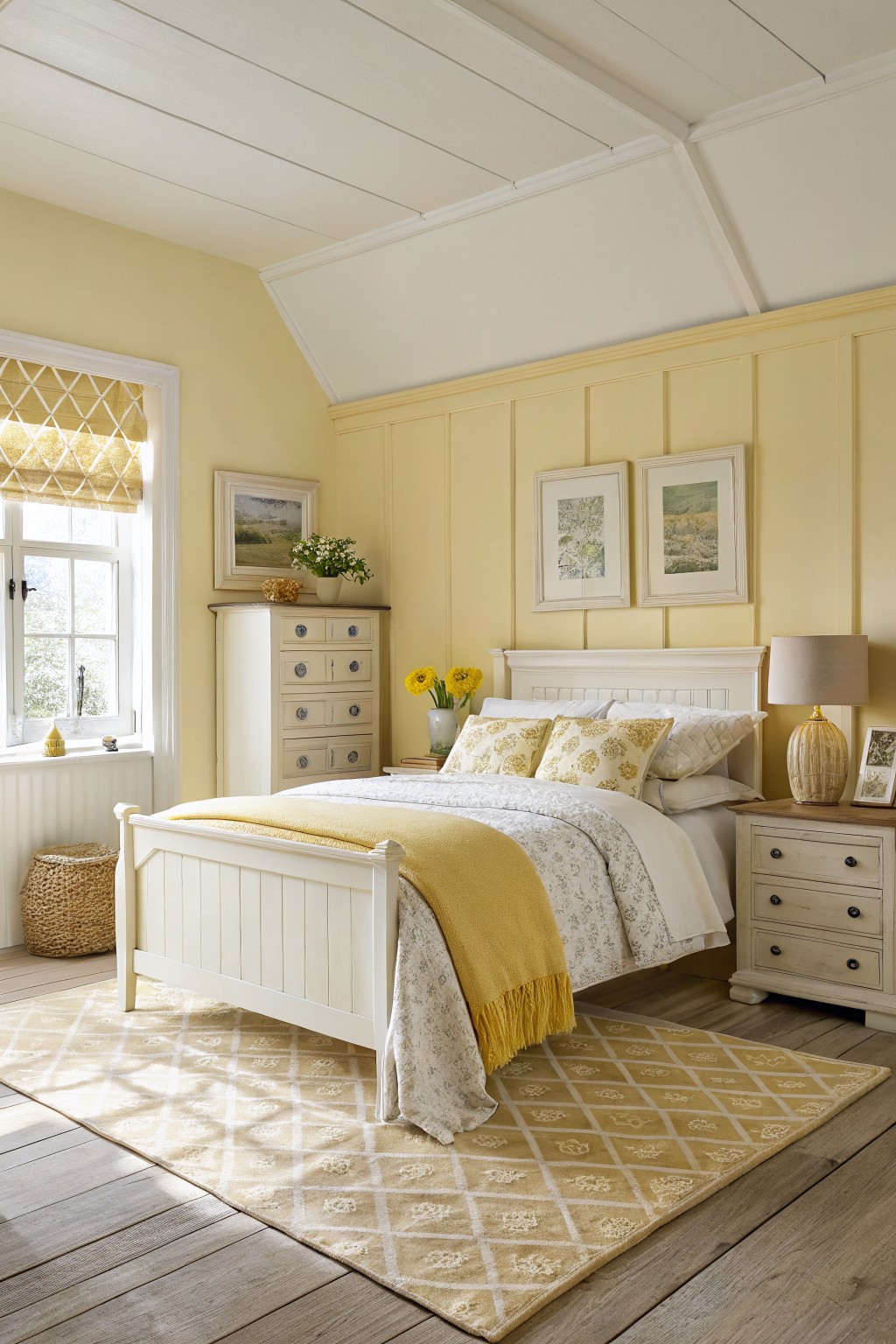A bedroom with soft yellow walls and white trim.