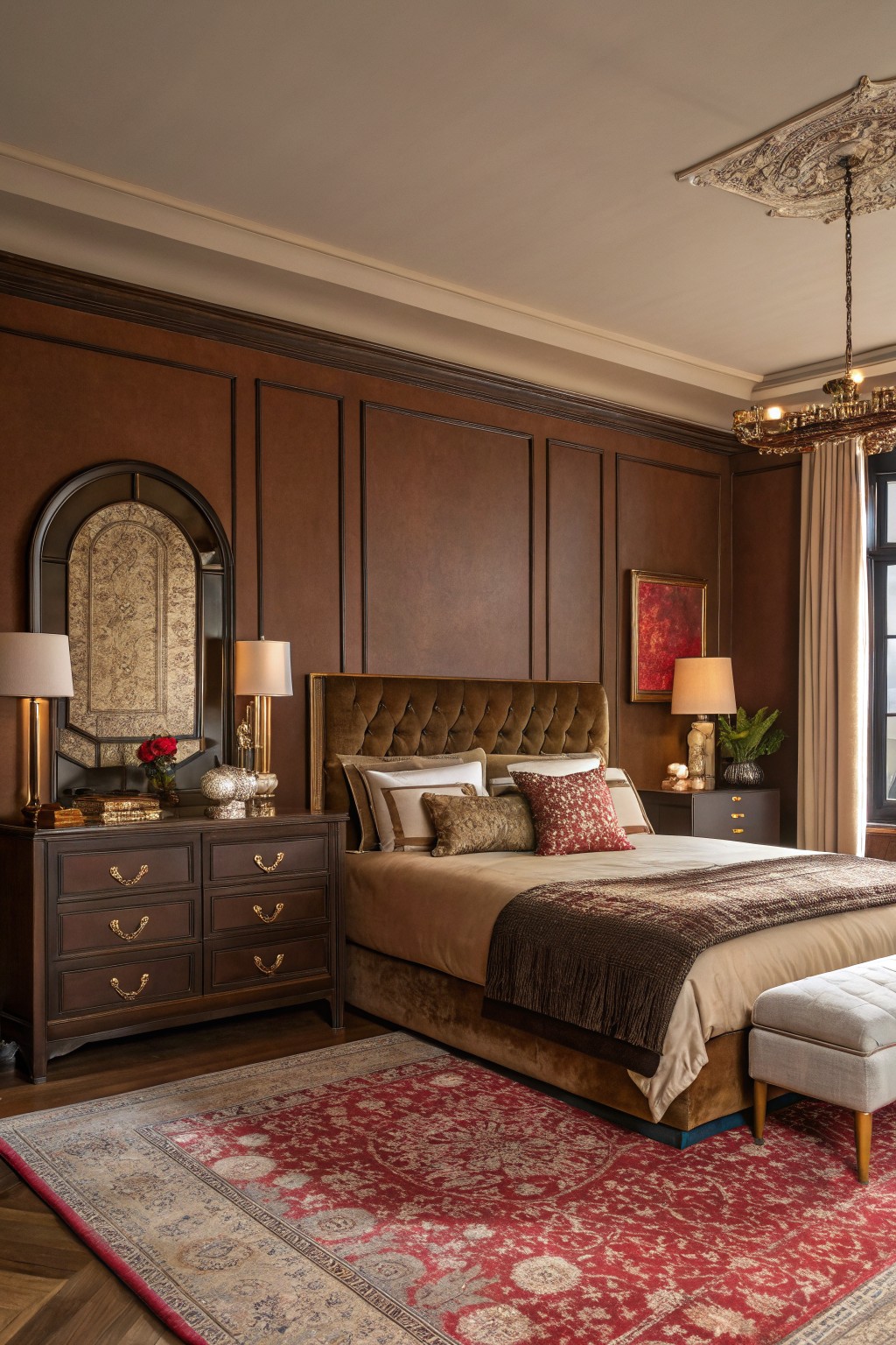 A bedroom with deep brown paneled walls and a large upholstered bed.