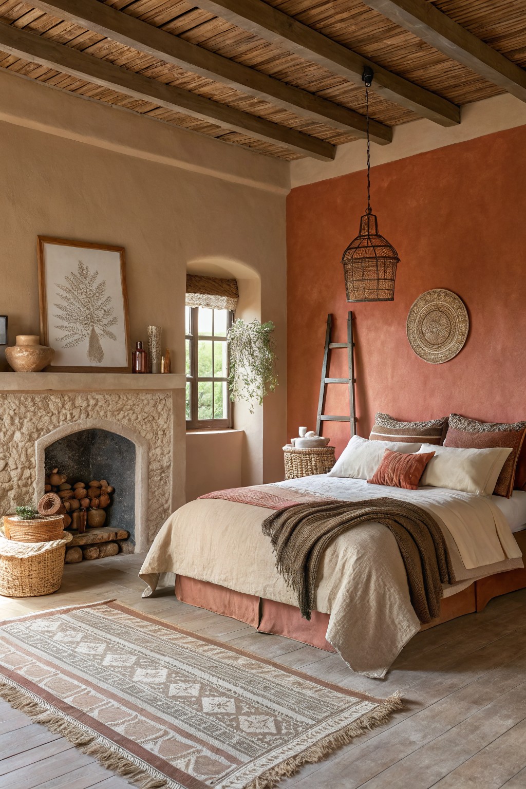 A bedroom featuring warm terracotta walls and a wooden bed.