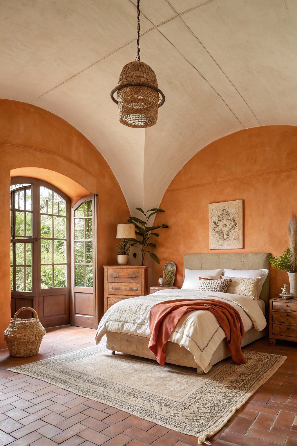 Bedroom with warm terracotta walls and wood furniture.