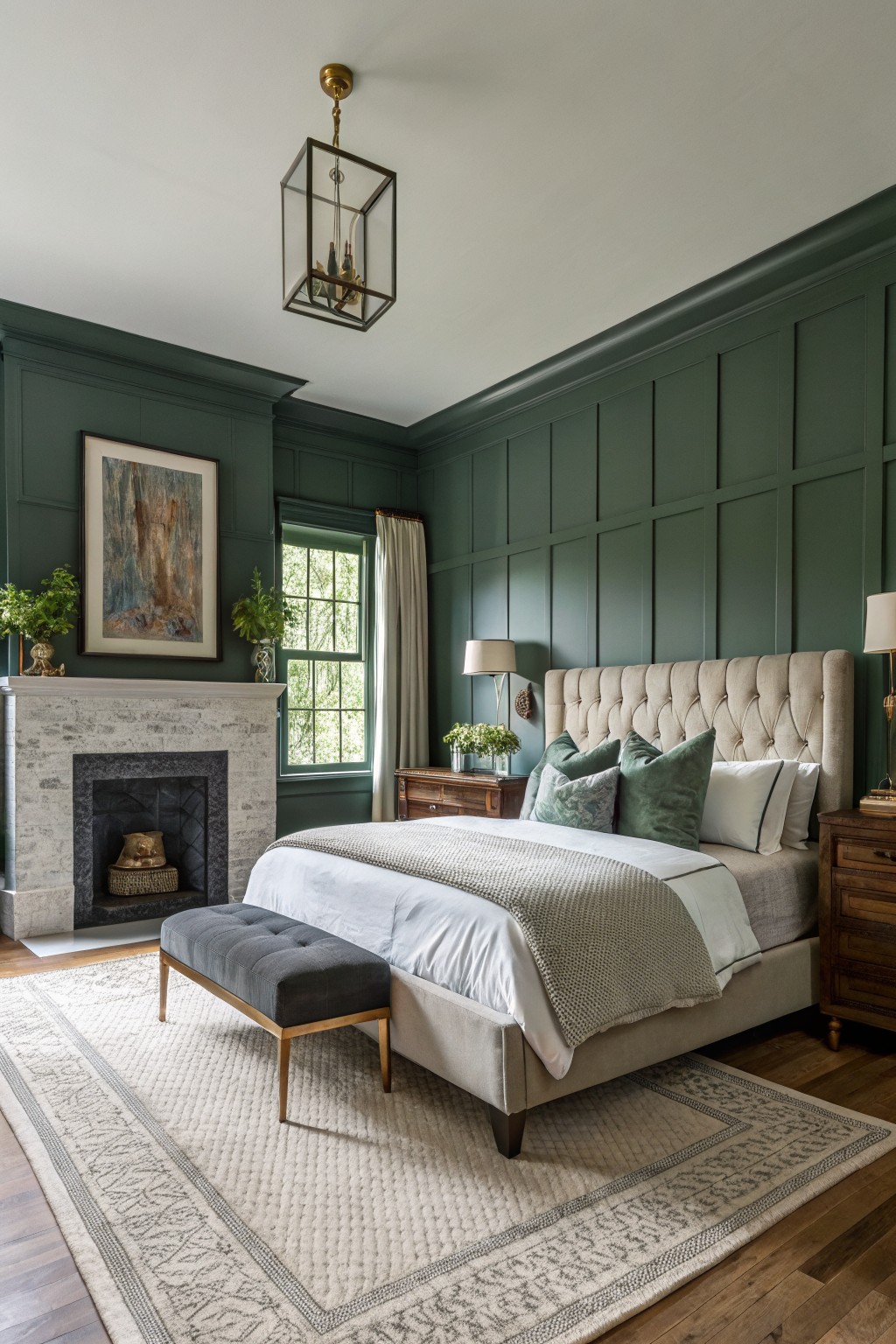 A bedroom featuring deep green walls and a large upholstered bed.
