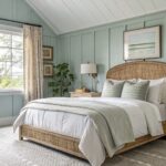 Bedroom walls painted in a soft sage green.