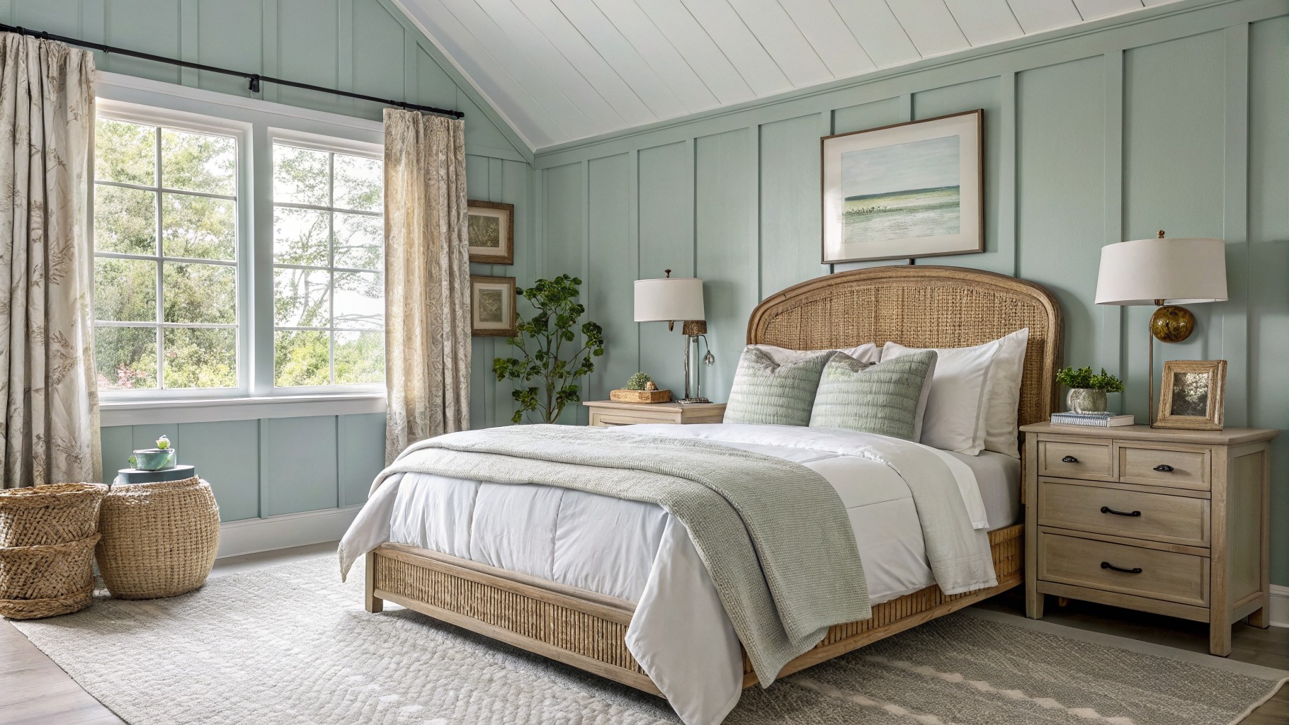 Bedroom walls painted in a soft sage green.