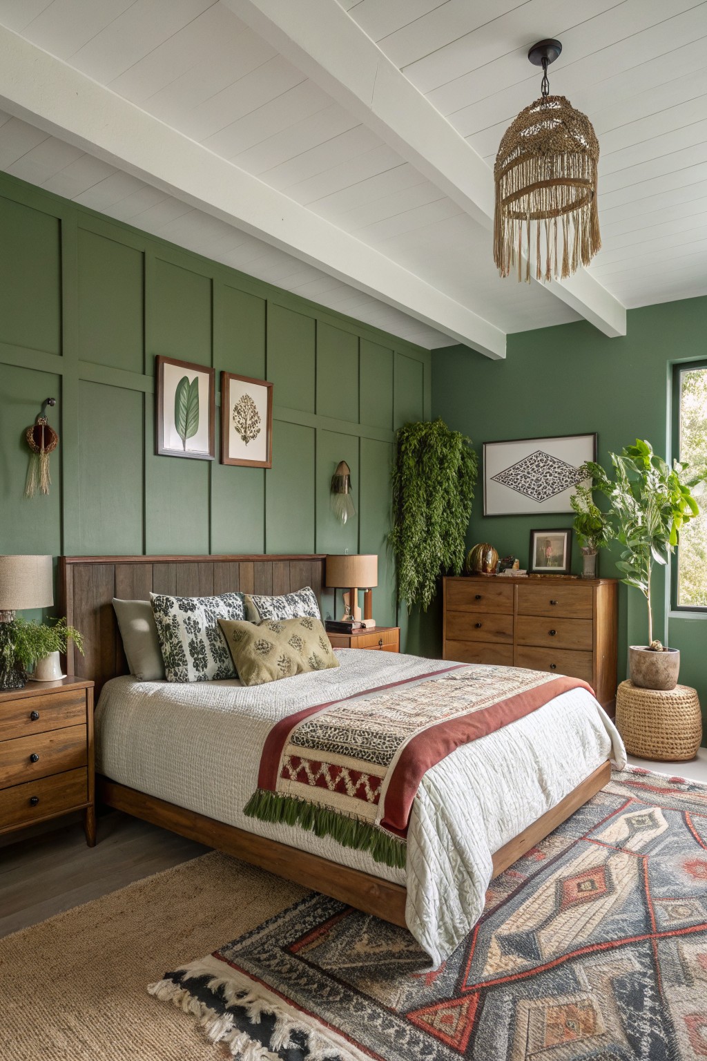 A bedroom featuring muted sage green walls with wood furniture and white ceiling beams.