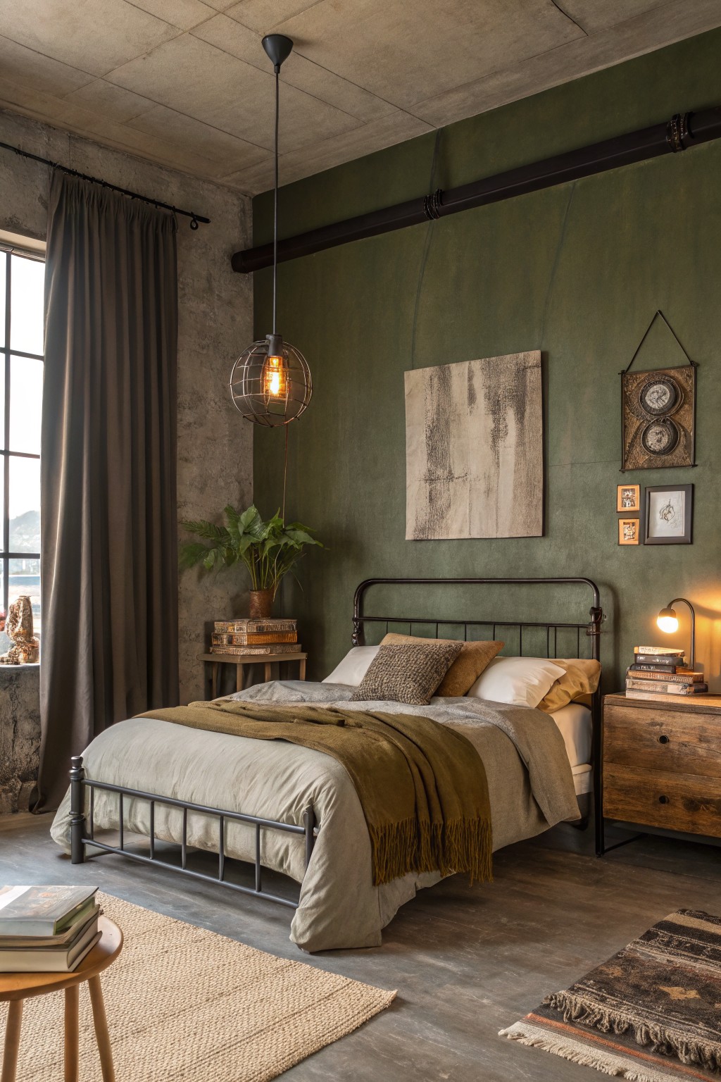 A bedroom with deep olive green walls and a metal bed frame.