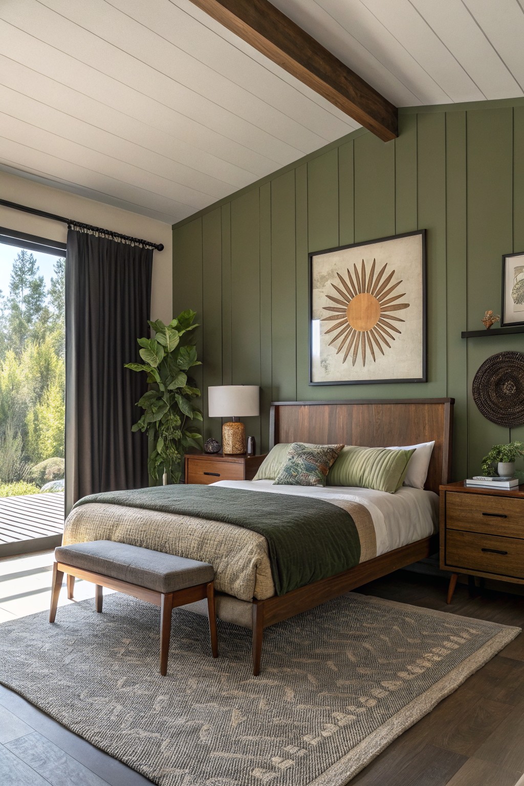 A bedroom featuring olive green paneled walls behind a wooden bed.