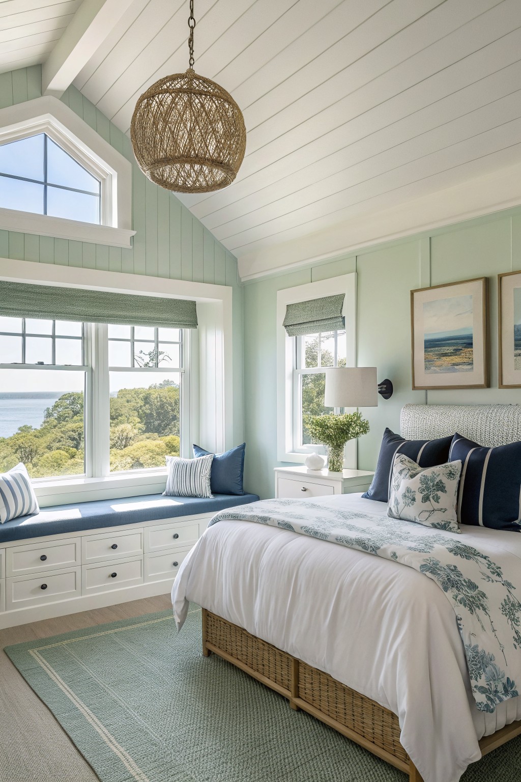 Bedroom walls painted a soft sage green with white trim and windows.