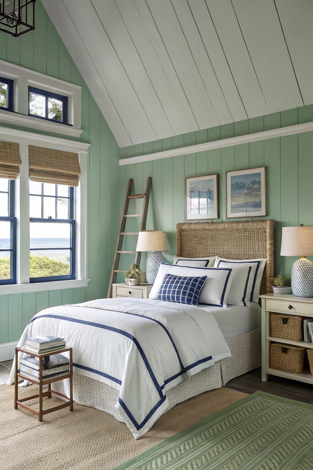 Coastal bedroom with white bed, blue trim, green walls, and ocean views.