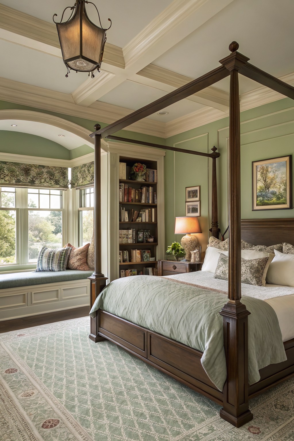 A bedroom with soft sage green walls, dark wood furniture, and a built-in bookshelf.