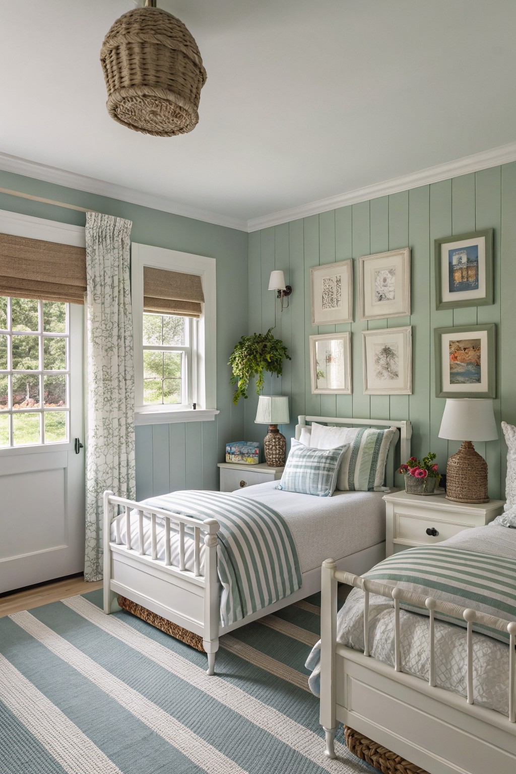 Bedroom walls painted in a soft sage green with white trim and twin beds.