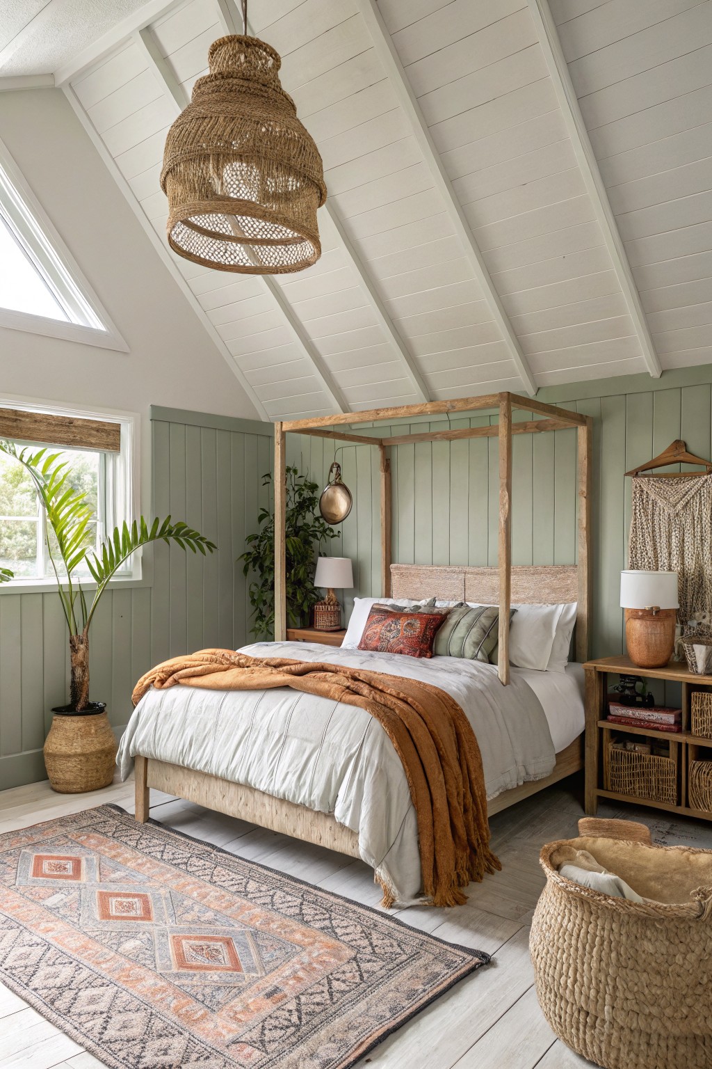 A bedroom featuring soft sage green walls with white trim and wooden furniture.