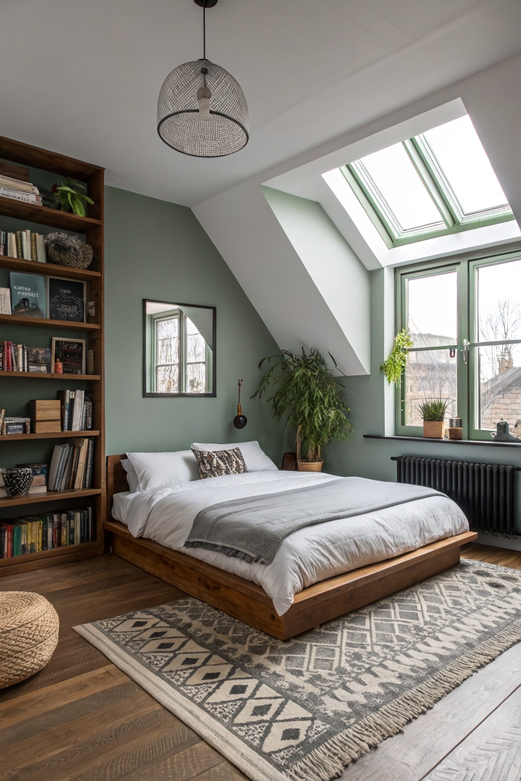 Cozy attic bedroom with wooden bed, green walls, skylight, and full bookshelf