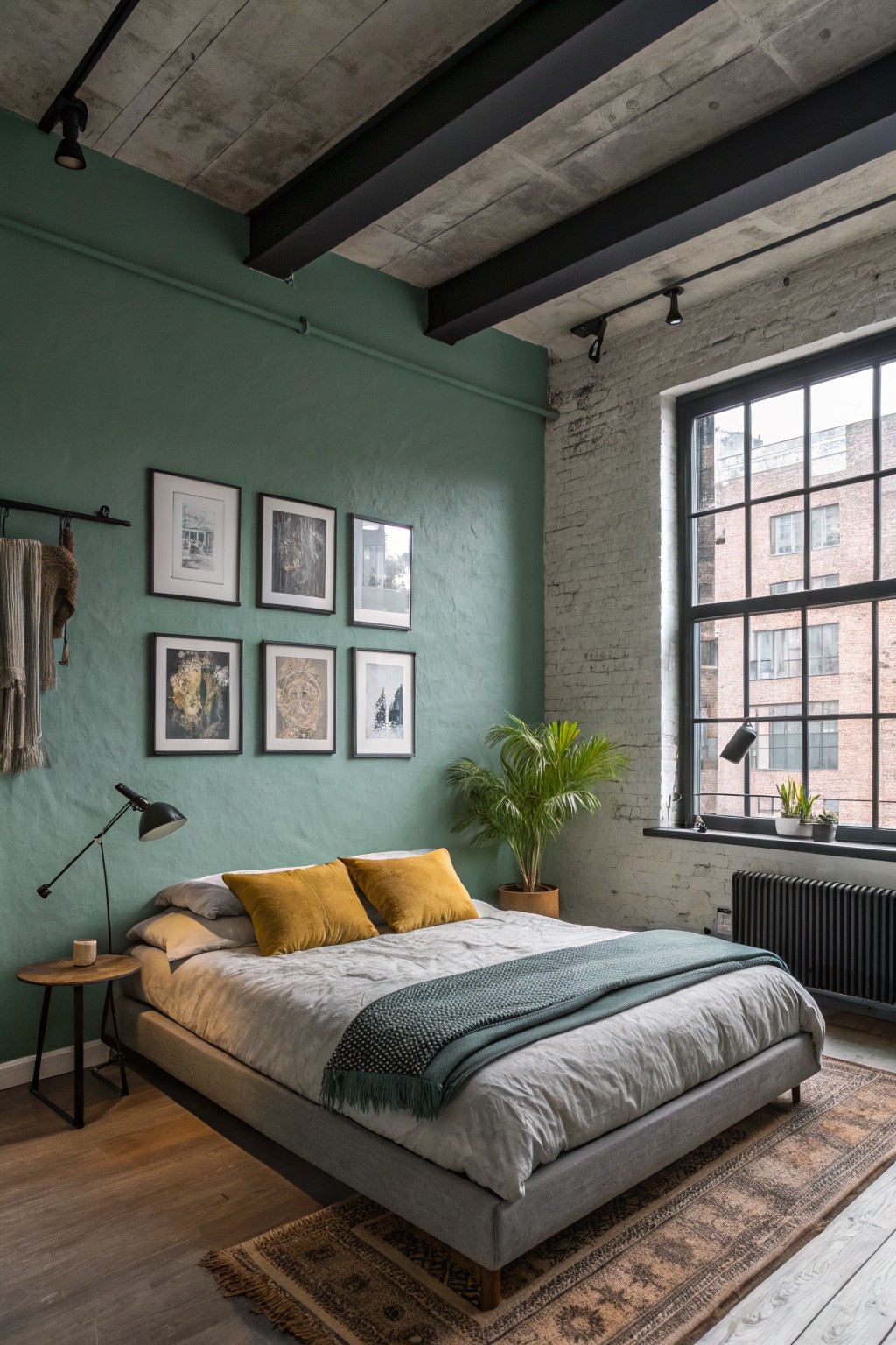 A bedroom featuring soft sage green walls with a large window and wood flooring.