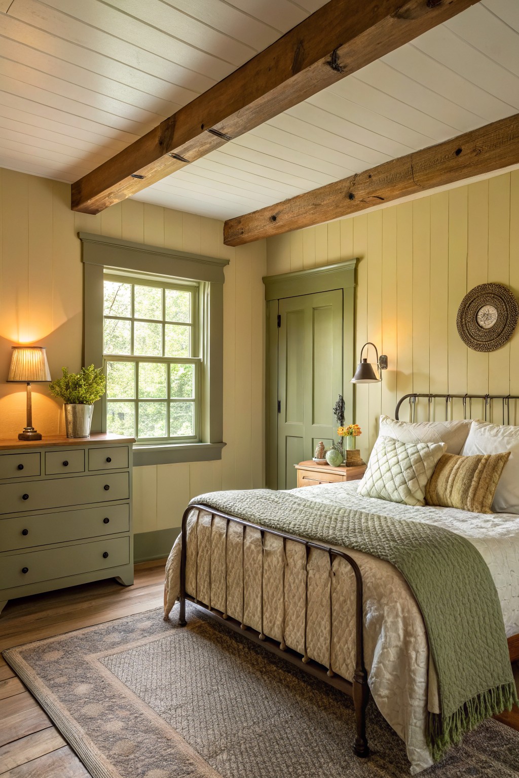 Cozy bedroom with sage green dresser, metal bed, exposed beams, and window.